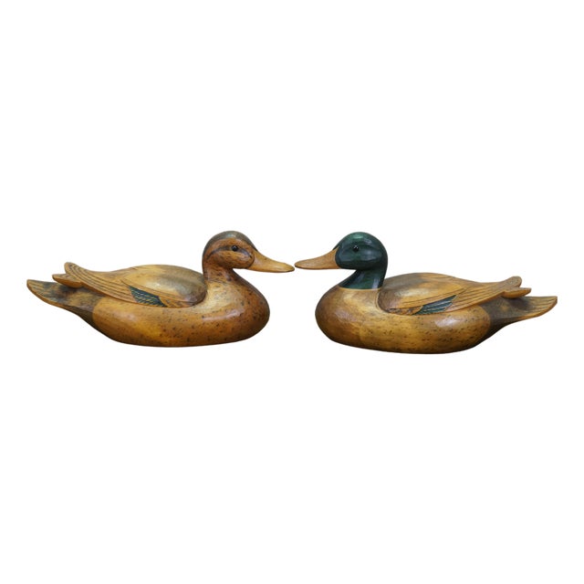 Mid 20th Century Chinese Hand-Carved Wood Mallard Drake and Hen Duck Decoys Pair 10" For Sale
