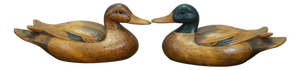 Mid 20th Century Chinese Hand-Carved Wood Mallard Drake and Hen Duck Decoys Pair 10"