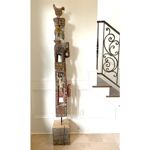 Antique Burmese Architectural Carved and Polychromed Wood Pole Southeast Asia For Sale - Image 9 of 16