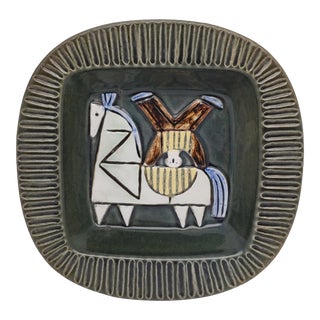 60s Lisa Larson Harlekin Bowl With Man on Horse Motif, Gustovsberg Sweden For Sale