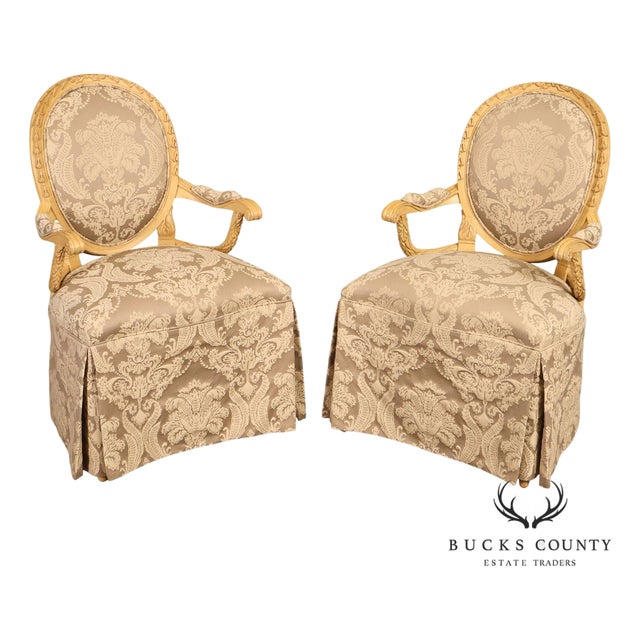 Louis XVI Style Pair Of Painted Oval Back Armchairs With Upholstered Seats For Sale