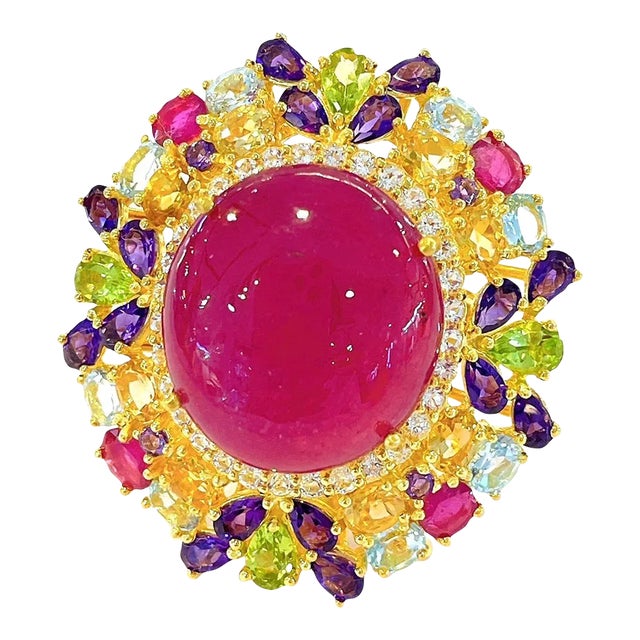 Bochic “Orient” Ruby & Fancy Multi Color Gems Large 18k Gold & Silver Cocktail Ring Size 10 For Sale