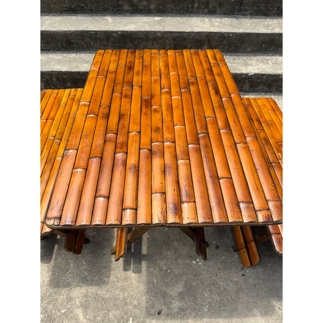 Boho Chic Vintage Boho Folding Bamboo Picnic Table & Benches For Sale - Image 3 of 8