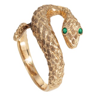 Vintage Snake Ring Sz 7 14k Yellow Gold Emerald Eyes Serpent Jewelry For Sale