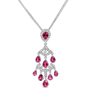 18K White Gold 1 1/10 Cttw Diamond and Pink Tourmaline Double-Strand Art Deco Inspired Chandelier 18