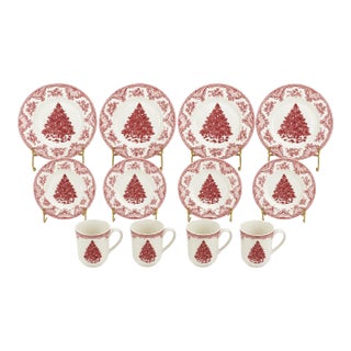 Johnson Brothers Old Britain Castles Pink Christmas Tree Dinnerware Set – 4 Dinner Plates, 4 Salad Plates & 4 Mugs – Made in England - 12 Pieces For Sale