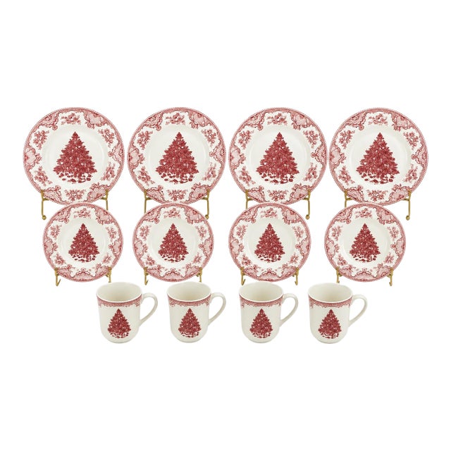 Johnson Brothers Old Britain Castles Pink Christmas Tree Dinnerware Set – 4 Dinner Plates, 4 Salad Plates & 4 Mugs – Made in England - 12 Pieces For Sale
