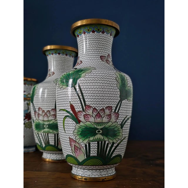 Vintage Chinese Enameled Cloisonné Vase Set For Sale In New York - Image 6 of 18