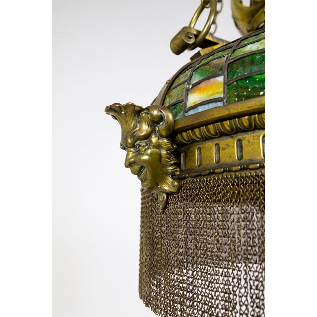 19th Century Victorian Art Nouveau Green Slag Glass & Brass Mascaron Pendant Light With Chain Fringe For Sale In San Francisco - Image 6 of 13