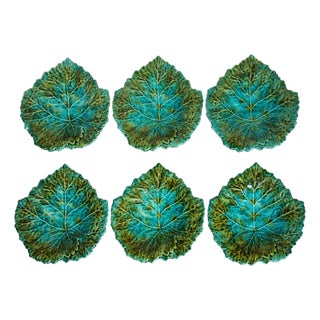 Vintage Portuguese Majolica Leaf Plates – Set of 6 Turquoise & Green Glazed For Sale