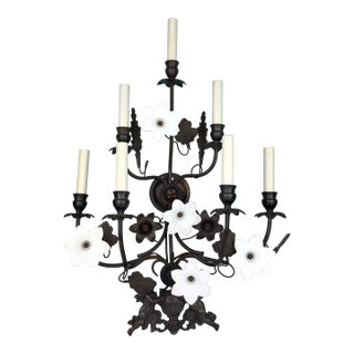 Vintage 7 Light Wrought Iron Wall Sconce With Milk Glass Flowers & Cherub Motif - Matching Sconce Available Separately For Sale