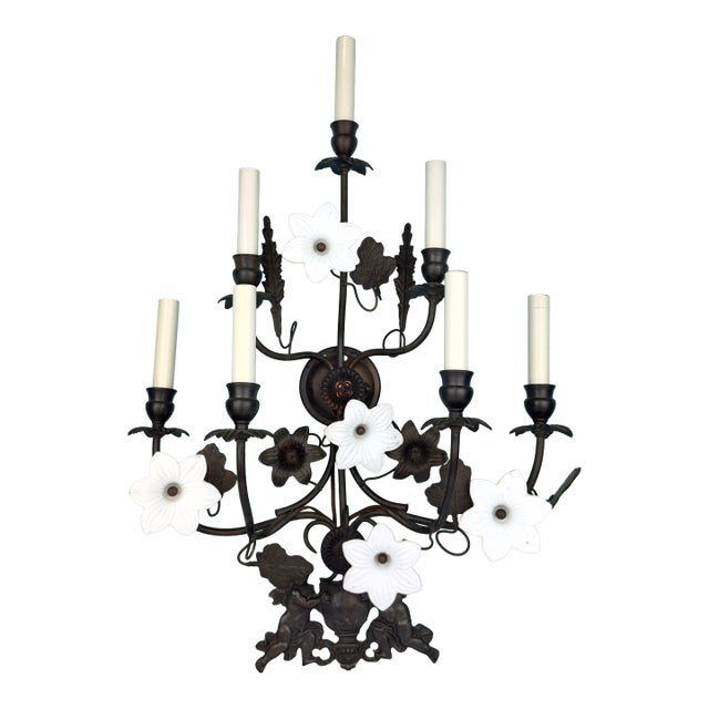Vintage 7 Light Wrought Iron Wall Sconce With Milk Glass Flowers & Cherub Motif - Matching Sconce Available Separately For Sale