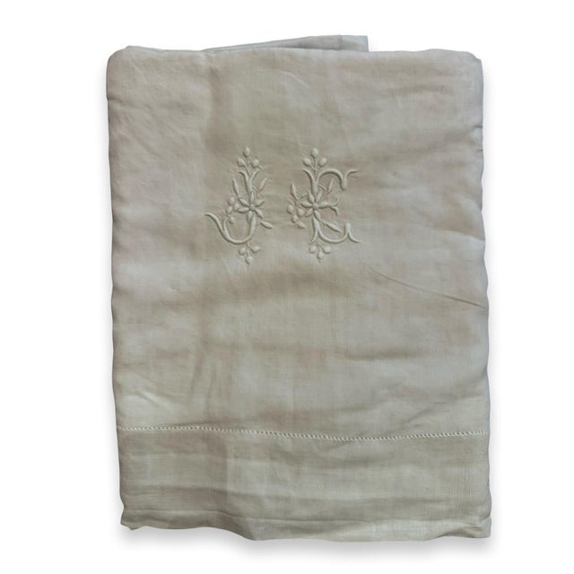 Textile Antique French Linen Sheet, Jc Floral Monogram, Hand Embroidered Fine Linen, Circa 1900 For Sale - Image 7 of 11