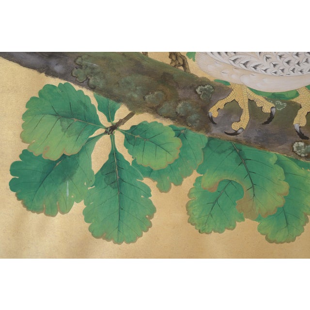 Wood Japanese 18th Century Edo Period White Eagle Painting on Gold Paper For Sale - Image 7 of 17