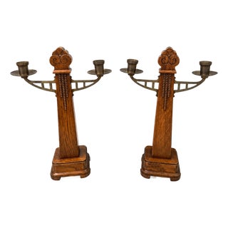 Art Deco Amsterdam School Oak and Brass Candlesticks, 1920s, Set of 2 For Sale