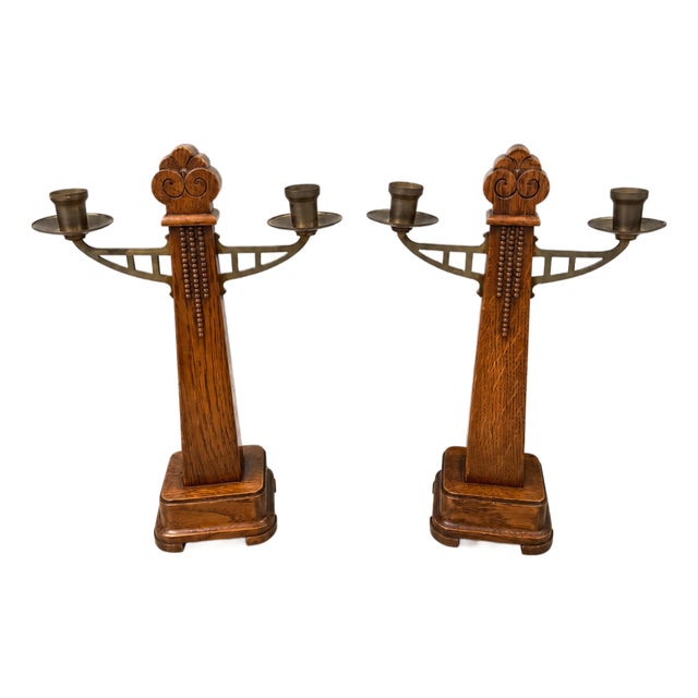 Art Deco Amsterdam School Oak and Brass Candlesticks, 1920s, Set of 2 For Sale