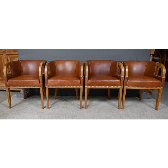 Vintage Art Deco Chairs in Walnut and Leather, 1940, Set of 4 For Sale - Image 5 of 18