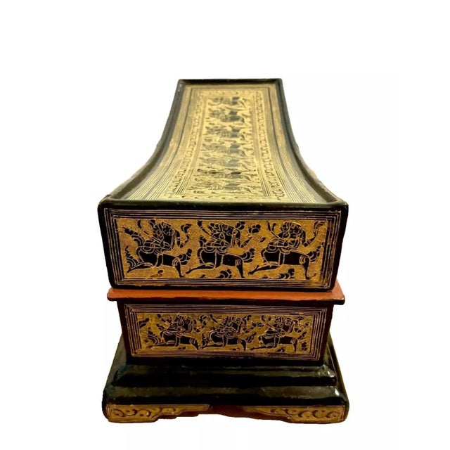 Early 20th Century Antique Hand Made Highly Decorated Burmese Gilded Wood Lacquerware Pillow Box For Sale - Image 5 of 10