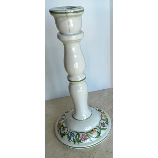 Green Italian Hand-Painted Ceramic Floral Candlestick Holders - Pair For Sale - Image 8 of 9