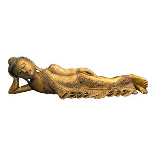 1930s-1940s Hand-Carved Giltwood Burmese Reclining Buddha For Sale