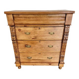 Antique Scottish Pine 4 Drawer Chest of Drawers With Ornate Frame Moulding and Brass Handles From England - Circa 1880 For Sale