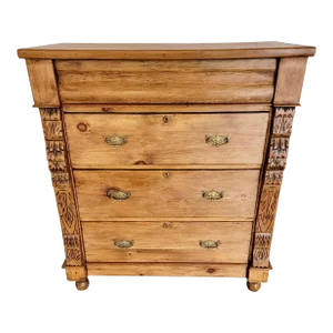 Antique Scottish Pine 4 Drawer Chest of Drawers With Ornate Frame Moulding and Brass Handles From England - Circa 1880