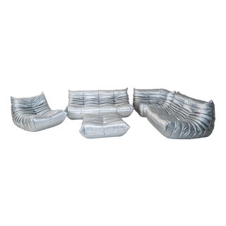Togo Living Room Set in Silver Fabric by Michel Ducaroy for Ligne Roset, 1979, Set of 5 For Sale