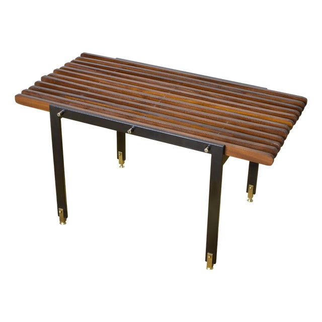 Italian Teak Bench on Lacquered Iron Structure and Brass Feet, 1960s For Sale