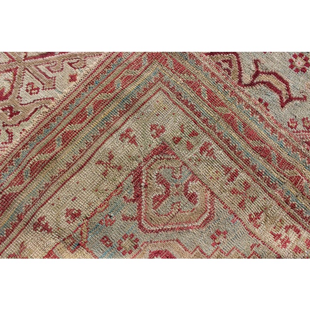 Antique Turkish Ghiordes Geometric Rug in Raspberry Red and Ice Blue and Green For Sale - Image 9 of 10