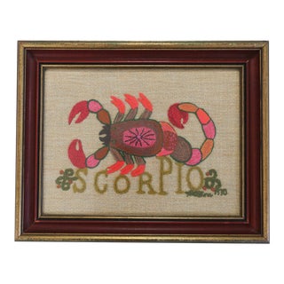 Framed Mod Zodiac Scorpio Needlepoint, 1970 For Sale