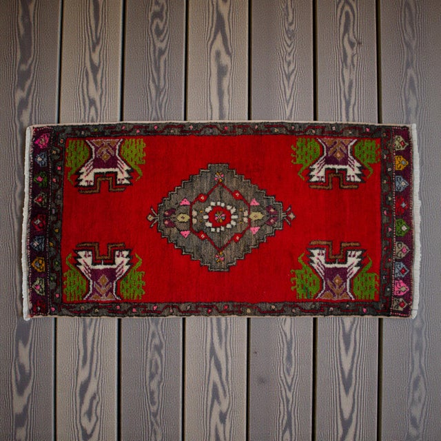Turkish Vintage Oushak Small Rug 2x3 Hand-Knotted Red Turkish Wool Mat Door Mat Entry Decor For Sale - Image 3 of 14