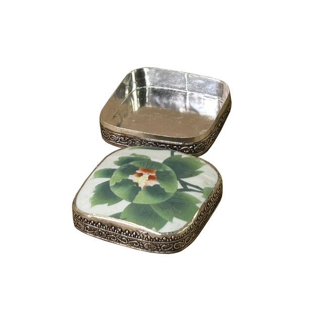 3.5" Chinese Old White Base Pink Flower Graphic Porcelain Art Pewter Box For Sale In San Francisco - Image 6 of 7