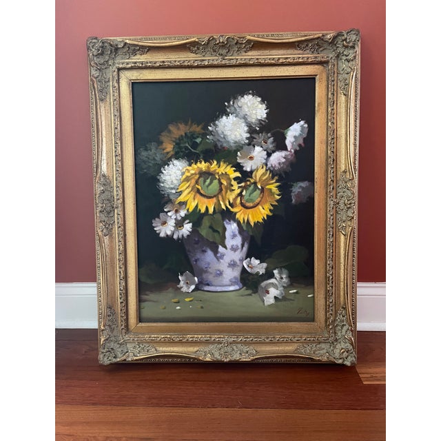 Gold Signed Oil on Canvas Floral Still Life For Sale - Image 8 of 8
