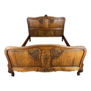 Vintage French Louis XVI Style Oak Double Bed Frame with Carved Headboard For Sale