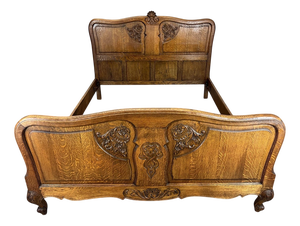 Vintage French Louis XVI Style Oak Double Bed Frame with Carved Headboard