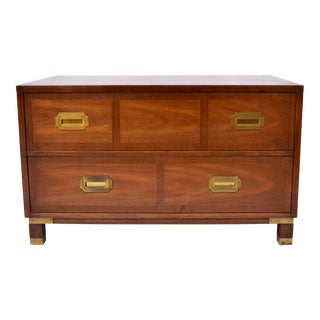 Baker Banded Walnut Brass Campaign Style Chest of Drawers For Sale