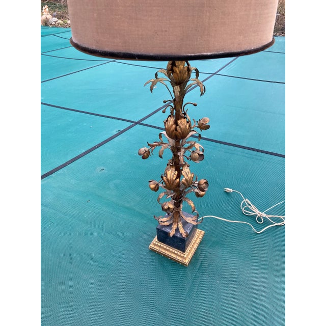 Vintage Italian Gilt Gold Floral Tole Black Marble Table Lamp For Sale - Image 4 of 9