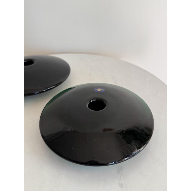 Pair of Royal Copenhagen Per Lütken Dark Green Glass Disk Candlesticks – Danish Modern – Original Boxes For Sale In New York - Image 6 of 9