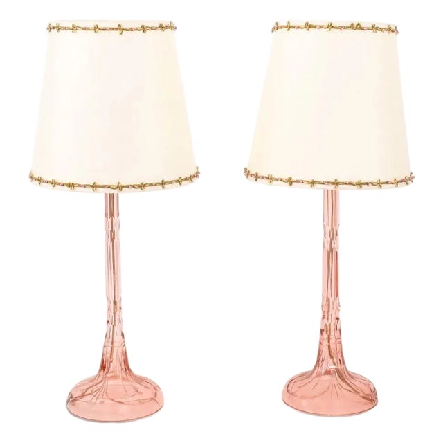 Pair of Petite Pink Cut Crystal Lamps With Shades For Sale
