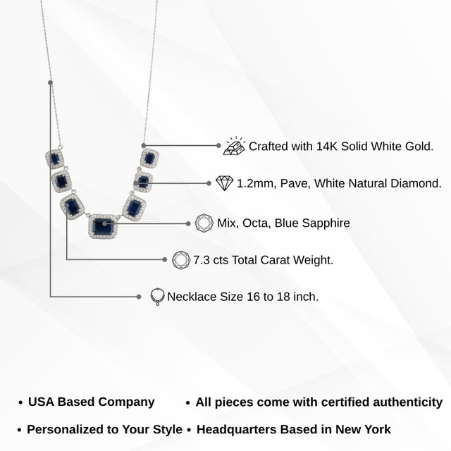 7.3ct Emerald-Cut Blue Sapphire Diamond Halo Station Necklace in 14k White Gold For Sale - Image 13 of 18