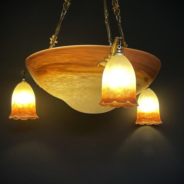 Art Deco Chandelier attributed to Muller Freres Luneville Pate De Verre Bronze, 1920s For Sale - Image 11 of 14