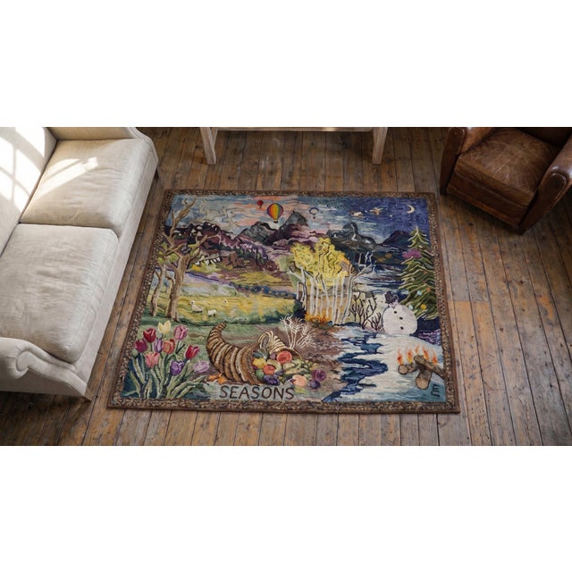 1940s Multicolor Scenic Winter Folk Art American Hooked Rug 3'2" X 3'10" Handknotted Wool Carpet For Sale - Image 13 of 13