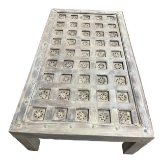 Antique Lotus Carved Coffee Table – Whitewashed Rustic Wood Large Accent Table 68 For Sale