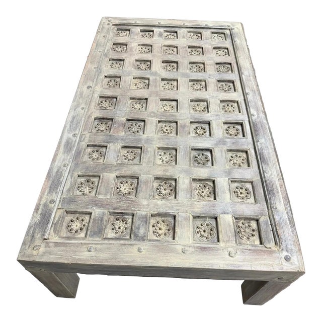 Antique Lotus Carved Coffee Table – Whitewashed Rustic Wood Large Accent Table 68 For Sale