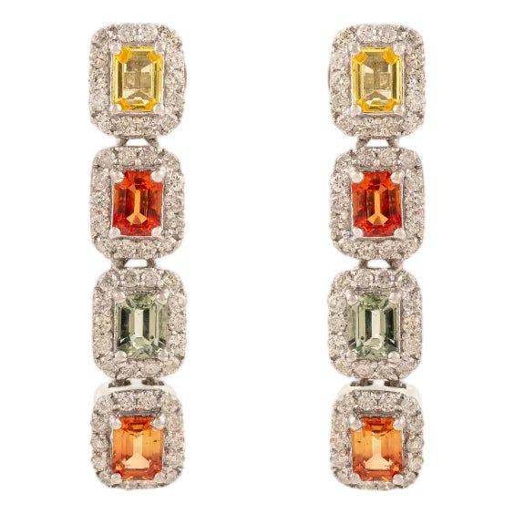 Multi Sapphire Drop Earrings in Halo Diamond Jewelry for Girlfriend- A Pair For Sale