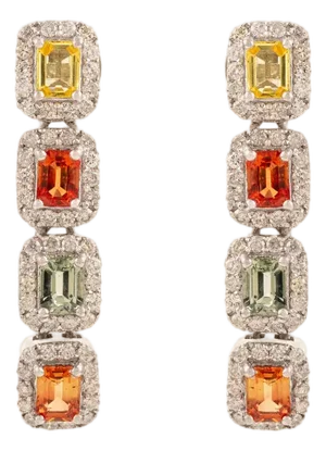 Multi Sapphire Drop Earrings in Halo Diamond Jewelry for Girlfriend- A Pair