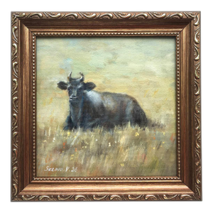Framed Original Painting Cow Landscape Farmhouse Antique Wall Decor