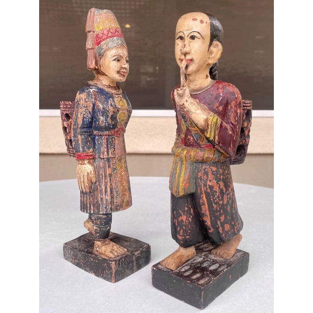 1950s Vintage Asian Carved & Painted Wood Man and Woman Figures - Set of 2 For Sale - Image 5 of 10