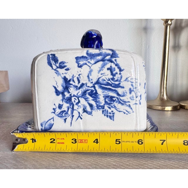 Late 19th Century Antique Staffordshire Ironstone Blue Rose Floral Lidded Cheese Keeper Dome For Sale - Image 5 of 12