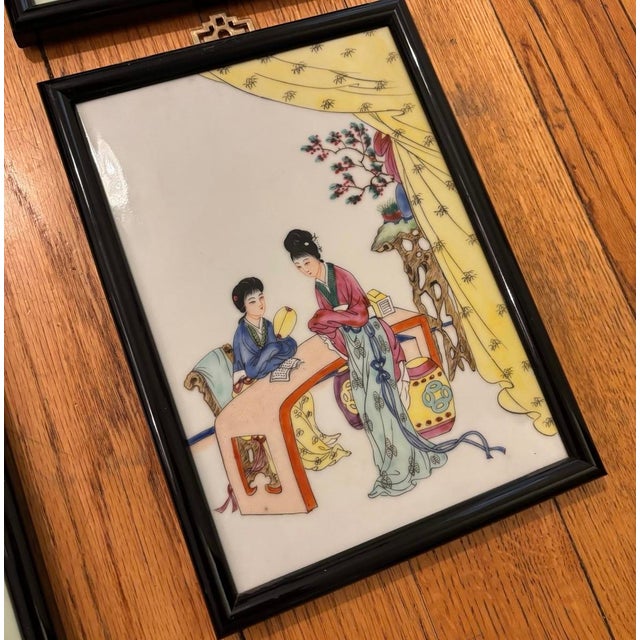 Pink Vintage Chinese Famille Rose Hand Painted and Framed Porcelain Tiles Set of 4 For Sale - Image 8 of 12